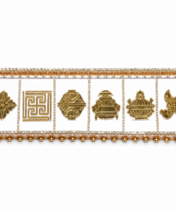 Gold rectangular bracelet with diamond border and nine gold symbols in individual panels, on a white background.