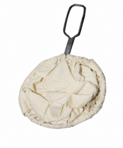 Muslin cloth bag tied at the top with a metal loop handle extending upward