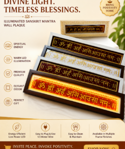 Promotional banner showing stacked illuminated Sanskrit mantra wall plaques in gold frames with feature icons: Spiritual Energy, Warm LED Illumination, Premium Quality, Elegant Décor, Perfect Gift, and a Shop Now CTA at the bottom.