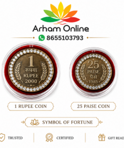 Promotional image with two jeweled coins (1 Rupee 2000 and 25 Paise 1985) under the Arham Online logo, and a 'Symbol of Fortune' banner, surrounded by gold icons and captions like Premium Quality and Gift Ready.