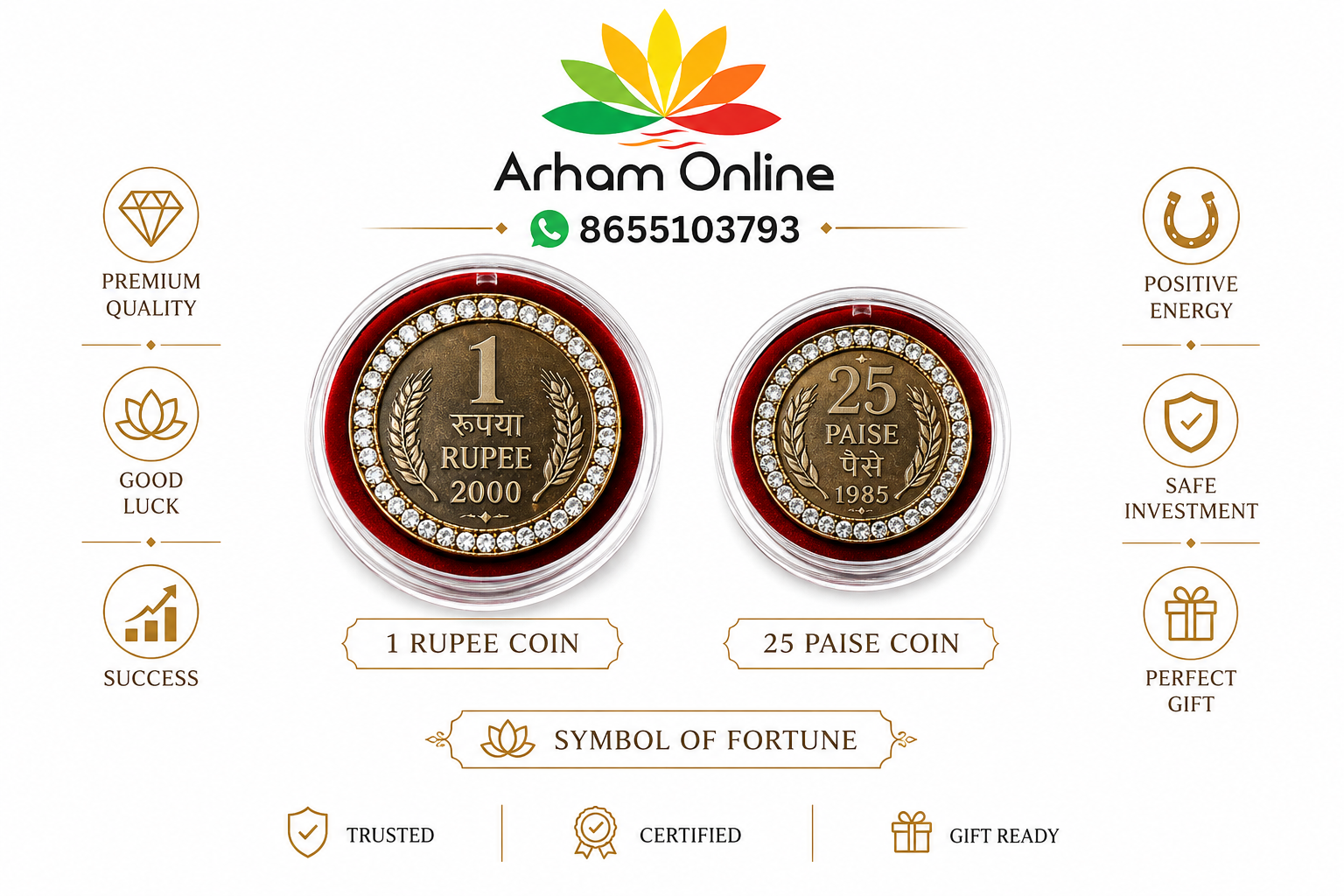 Promotional image with two jeweled coins (1 Rupee 2000 and 25 Paise 1985) under the Arham Online logo, and a 'Symbol of Fortune' banner, surrounded by gold icons and captions like Premium Quality and Gift Ready.