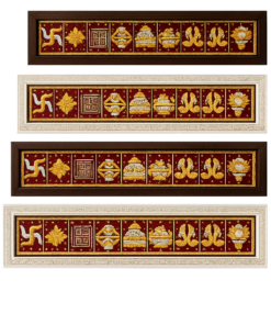 Wall installation of four long framed panels with red tiles and gold motifs, including swastikas, lotus blooms, and geometric shapes.