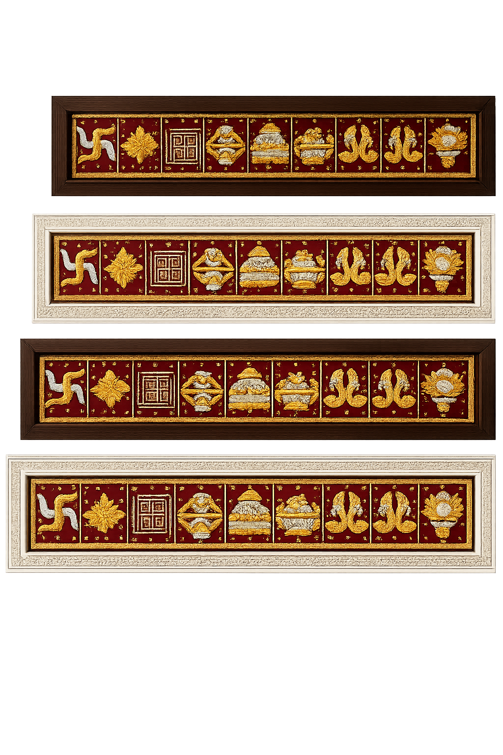 Wall installation of four long framed panels with red tiles and gold motifs, including swastikas, lotus blooms, and geometric shapes.