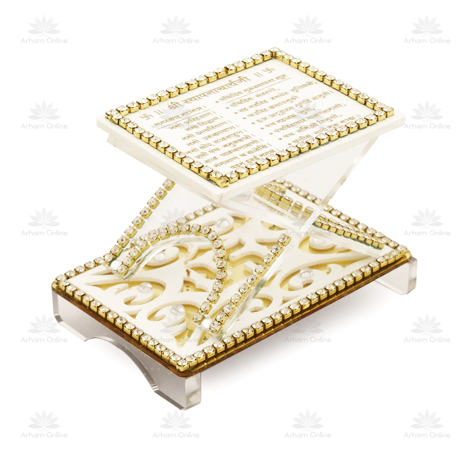 sthapanaji Tiered white jewelry display with gold-edged borders and crystal-studded trim, shown against a white background.