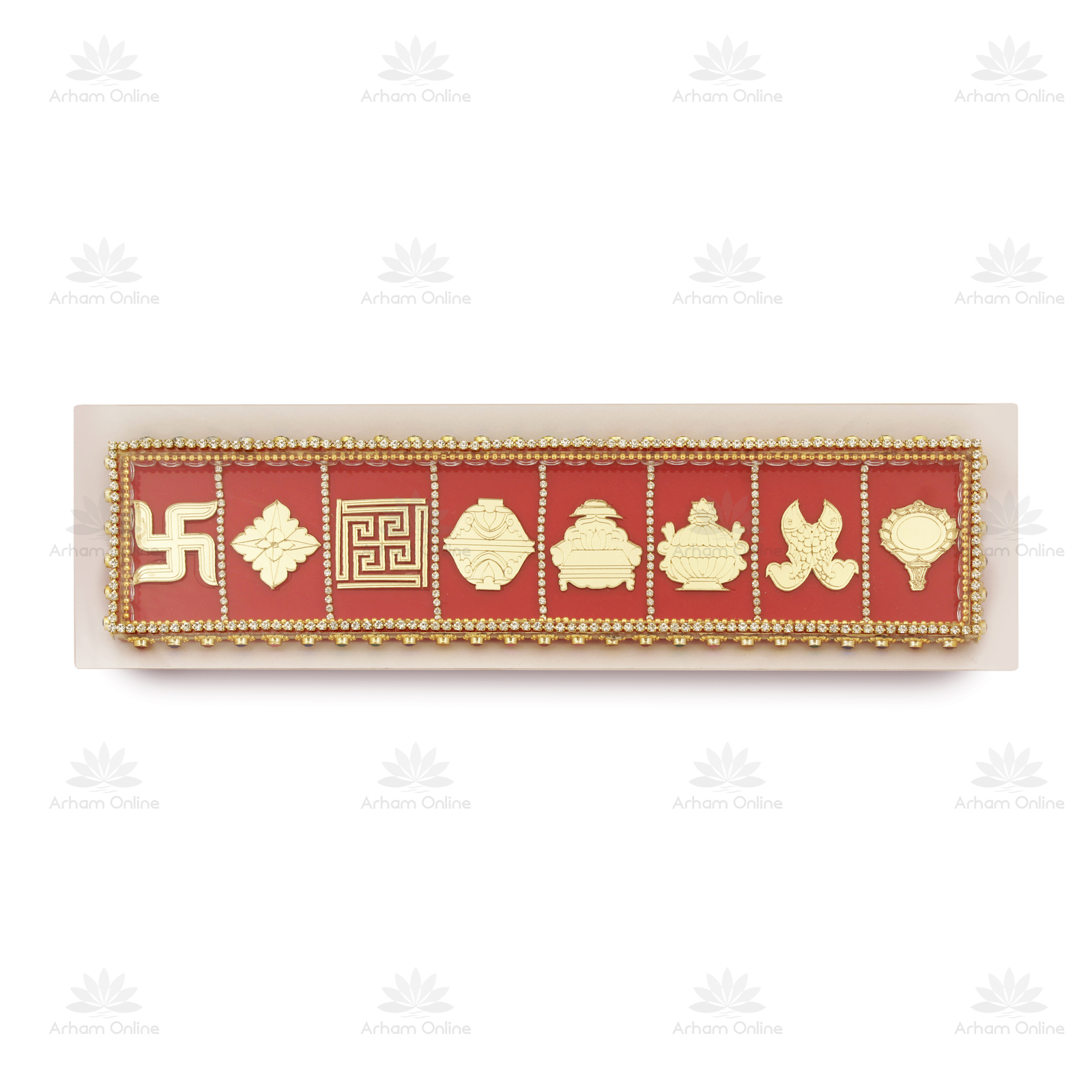 Red rectangular decorative plaque with gold embossed Hindu symbols and a beaded gold border set on a pale backing