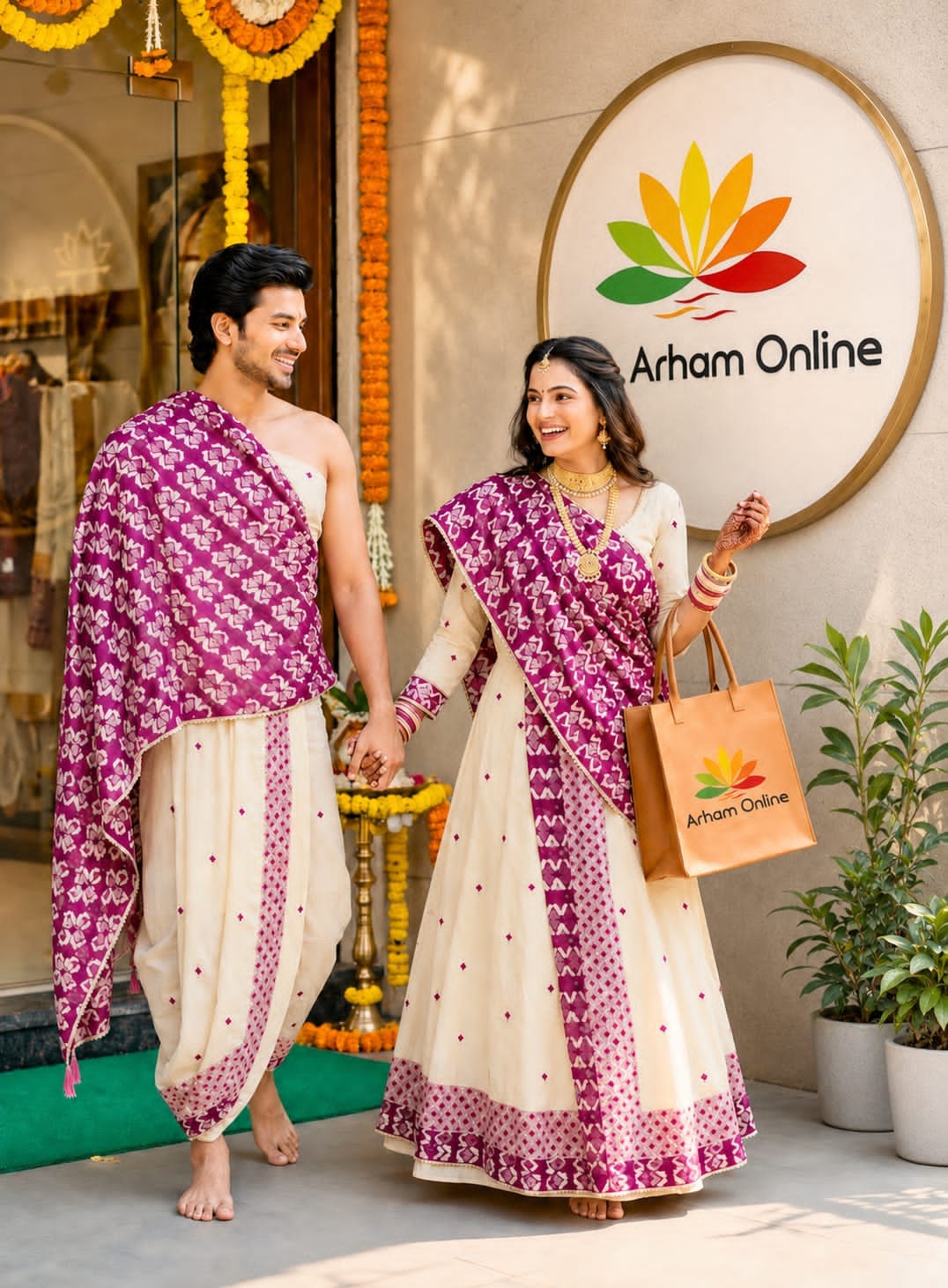 couple pooja jodi Couple in cream and magenta traditional outfits walk hand in hand outside an Arham Online storefront adorned with marigold garlands.