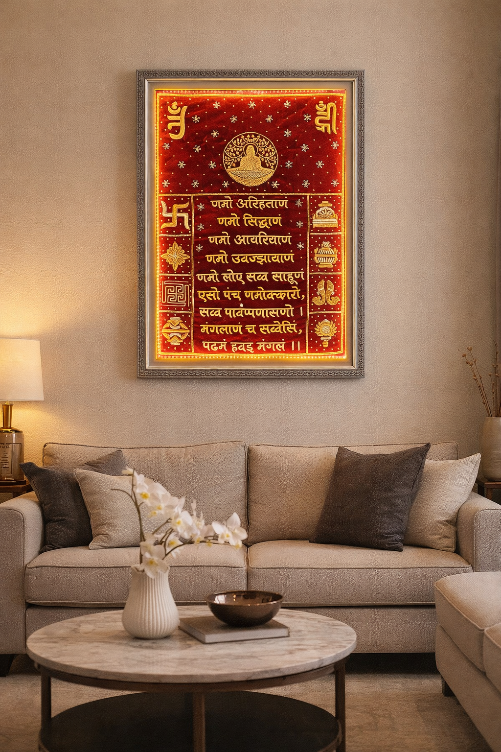 Beige living room with a framed red-and-gold devotional panel above the sofa, featuring Sanskrit text and symbols.