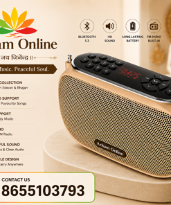 Promotional banner for Arham Online portable speaker with golden design, feature icons (Bluetooth 5.3, HD sound, long-lasting battery, FM radio) and contact number 8655103793.