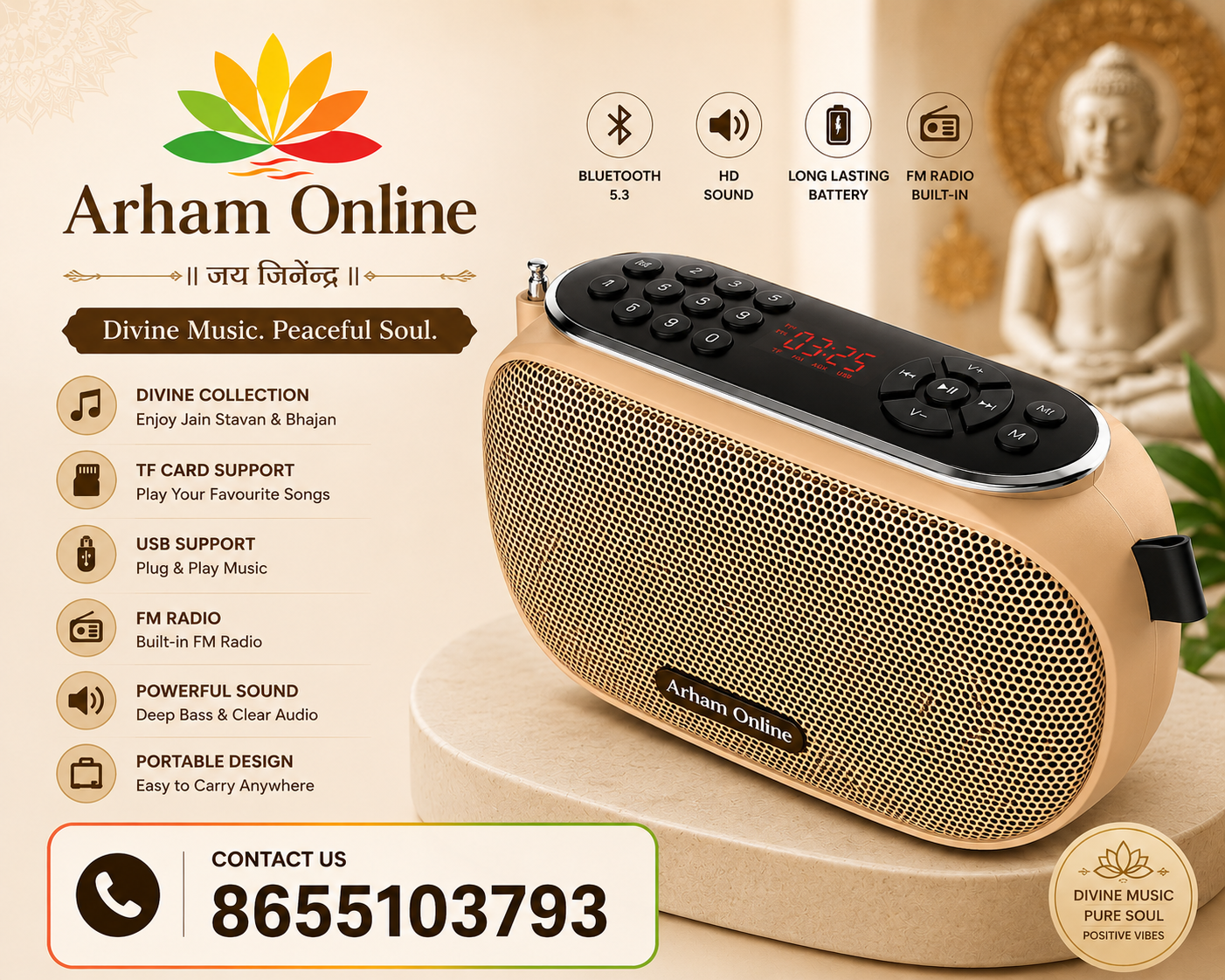 ChatGPT Image Jun 20, 2026, 06_34_44 PM Promotional banner for Arham Online portable speaker with golden design, feature icons (Bluetooth 5.3, HD sound, long-lasting battery, FM radio) and contact number 8655103793.