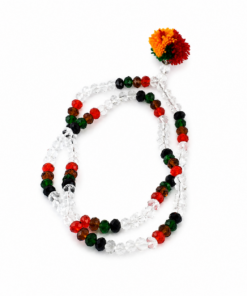 Beaded jewelry loop with clear and colorful faceted beads and a multicolor flower pom-pom tassel on top.