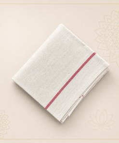 White linen napkin folded with a red edge stripe on a beige backdrop with decorative mandala borders.