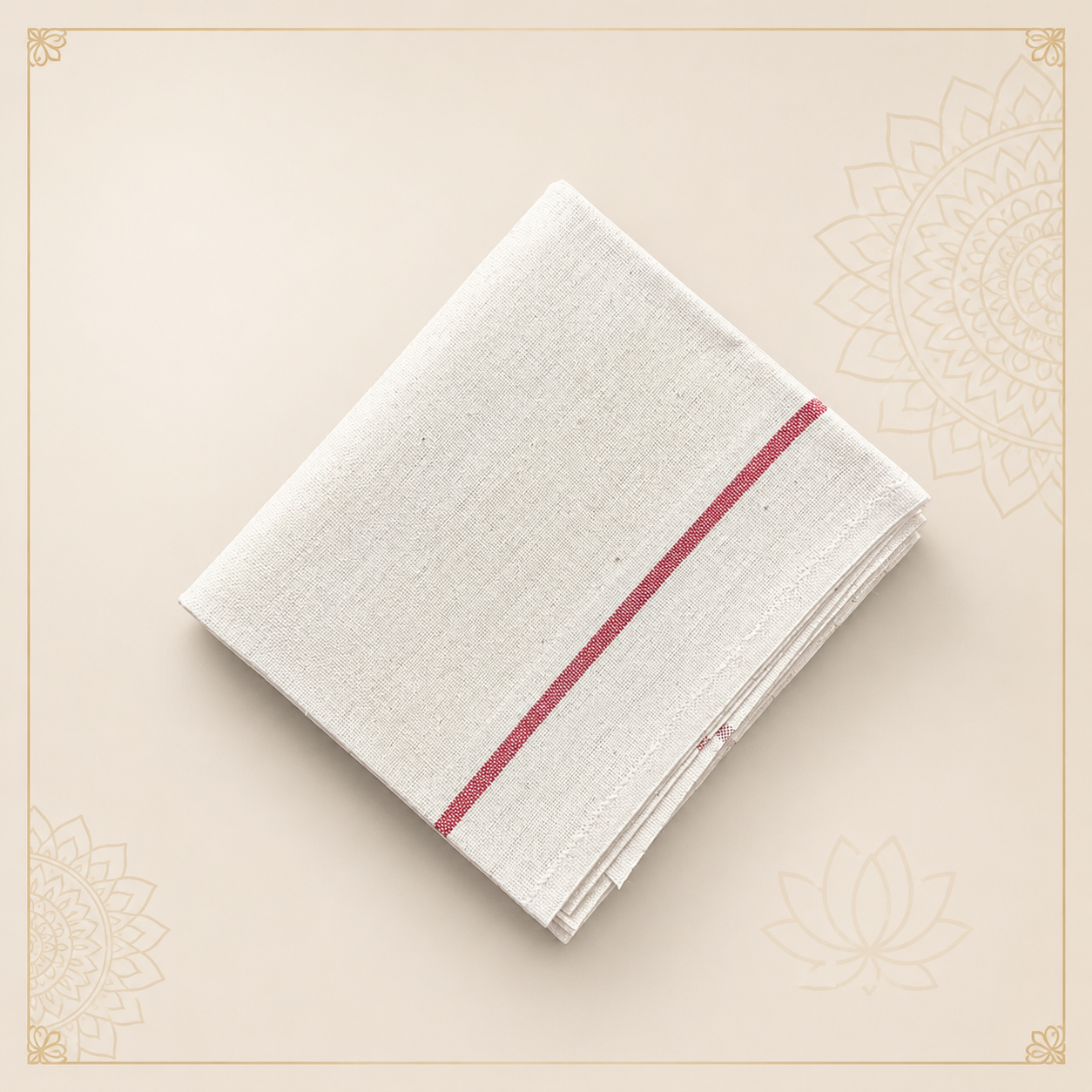 White linen napkin folded with a red edge stripe on a beige backdrop with decorative mandala borders.