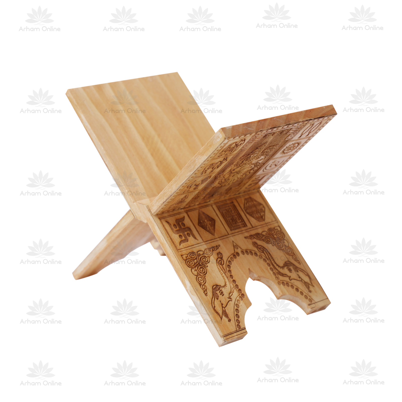 Wooden carved book stand (rehal) for holding a book at reading angle, with geometric patterns etched on the panels