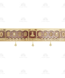 Long wooden carved religious wall hanging with multiple decorative panels depicting icons and sacred symbols, and a row of small bells along the bottom edge