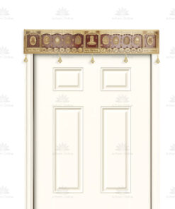 White six-panel door with a carved wooden decorative band above, featuring religious symbols and small hanging bells.