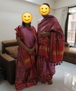 Two people stand side by side in a living room, wearing matching pink and red traditional sarees with patterned borders.