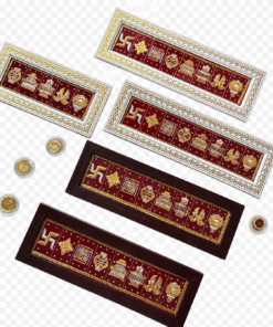 Decorative gold-framed red panels with intricate symbols (including swastikas and lotus) arranged diagonally on a white background, with small gold coins nearby.
