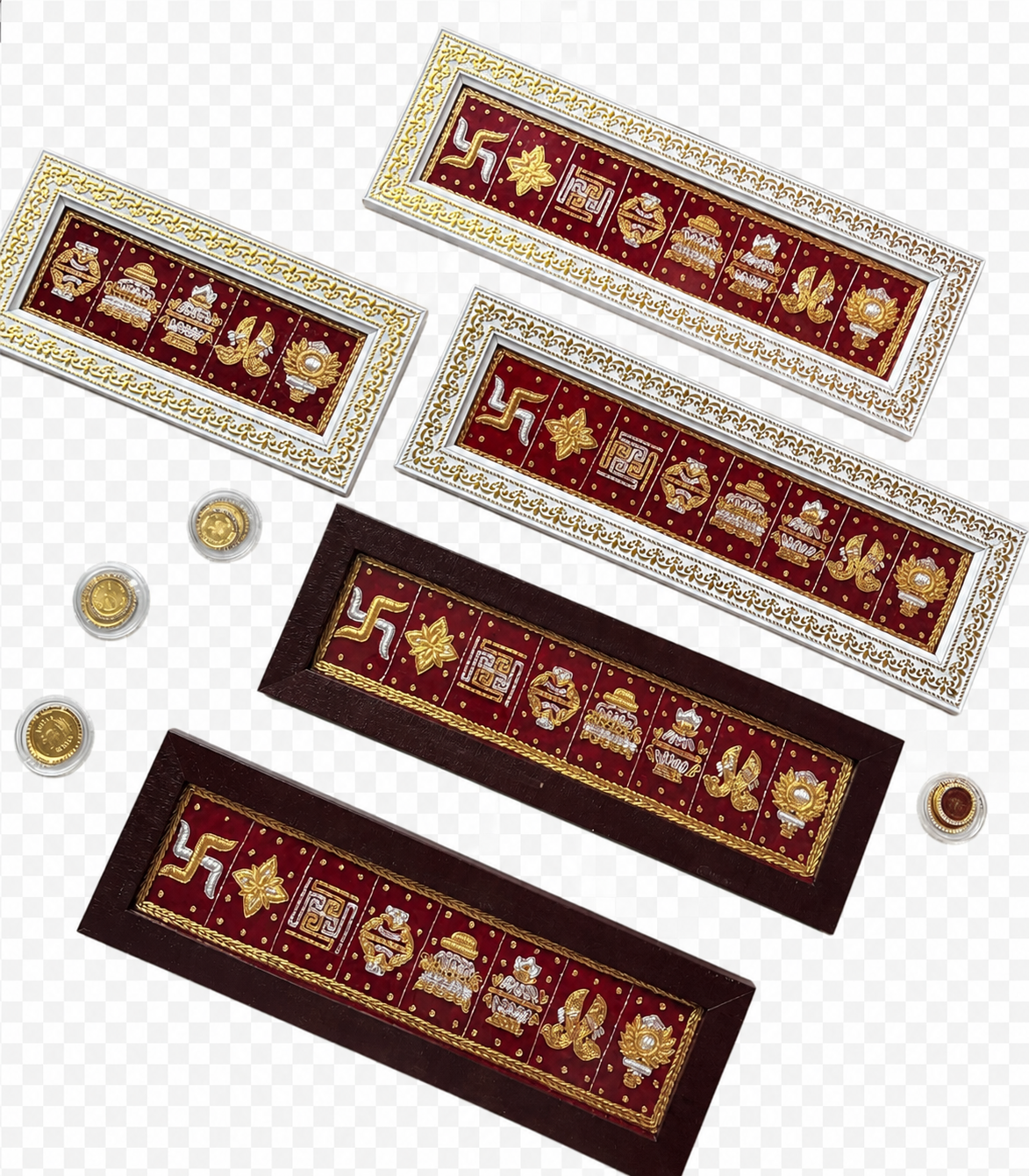 Decorative gold-framed red panels with intricate symbols (including swastikas and lotus) arranged diagonally on a white background, with small gold coins nearby.
