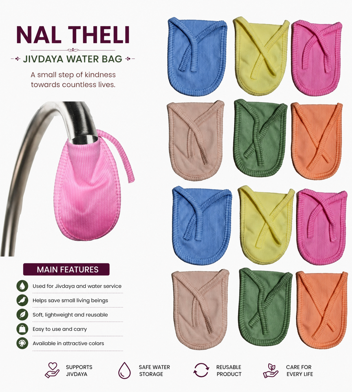 Nal theli tab filter Nal Theli Jivdaya water bag: pink pouch attached to faucet and twelve colorful pouches arranged in a grid.