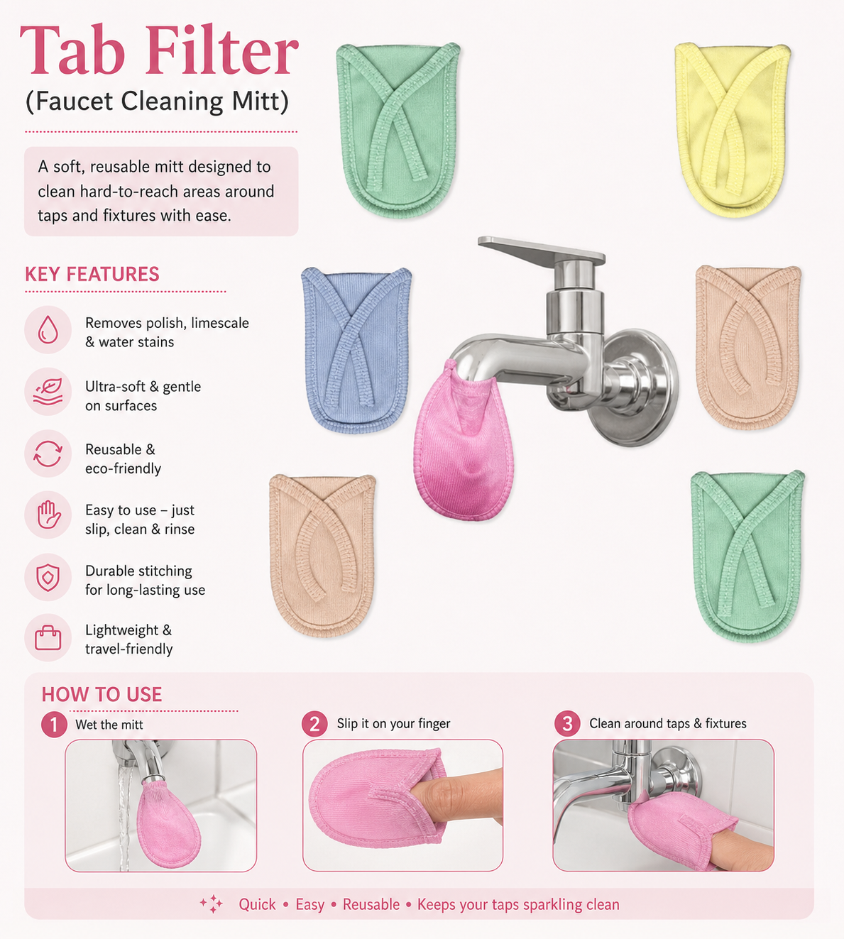 ChatGPT Image Jun 22, 2026, 10_58_53 PM Tab Filter faucet-cleaning mitts in pastel colors around a chrome faucet, showing key features and how-to-use steps.