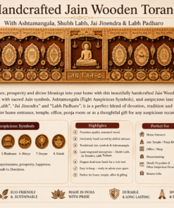 Promotional infographic for Handcrafted Jain Wooden Toran featuring eight auspicious symbols and decorative inscriptions.