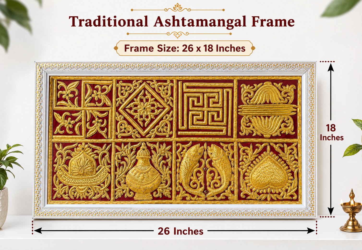 traditional asthamangal Traditional Ashtamangal Frame, gold embossed decorative panels in a 26 x 18 inch ornate frame design