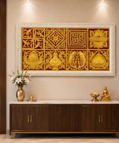 Elegant foyer display: dark wood console with marble top, white lilies vase, gold Buddha statue, and a large gilded red-and-gold panel on the wall.