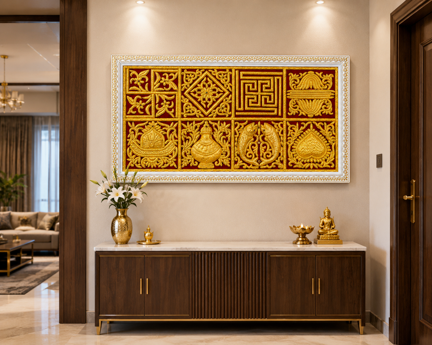 Elegant foyer display: dark wood console with marble top, white lilies vase, gold Buddha statue, and a large gilded red-and-gold panel on the wall.