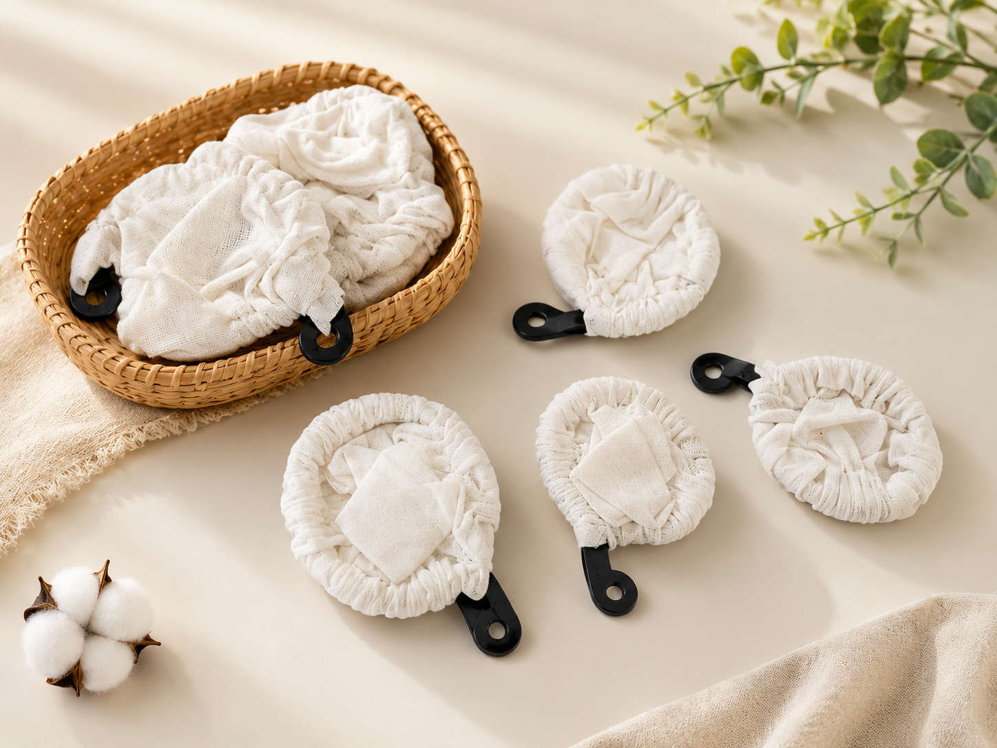 Wicker basket holding a soft white cloth, with five round fabric facial rounds with black looping handles laid out on a beige surface nearby.