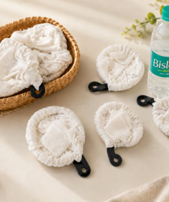 White fabric bottle covers with black handles spread on a beige surface; wicker basket holds more covers, with a Bisleri water bottle nearby.
