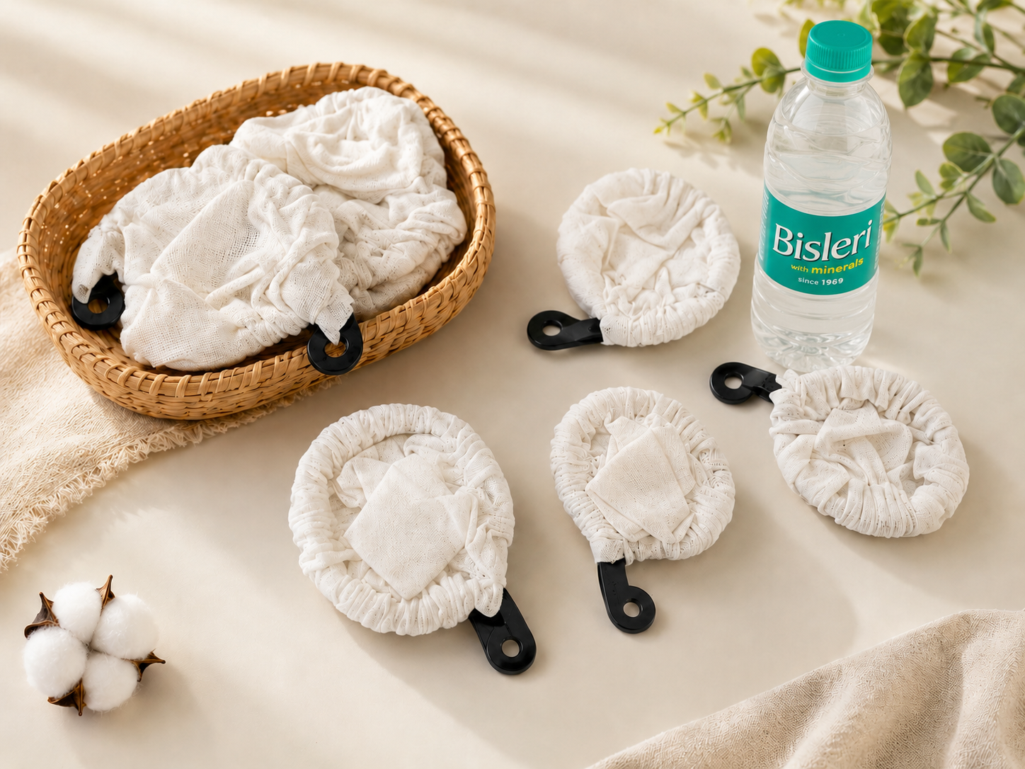 White fabric bottle covers with black handles spread on a beige surface; wicker basket holds more covers, with a Bisleri water bottle nearby.
