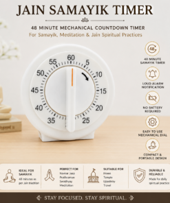 Jain Samayik Timer: a white 48-minute mechanical countdown timer on a wooden surface, with a small Buddha statue on the left and a vertical list of features (timer, alarm, no battery, easy dial) on the right.