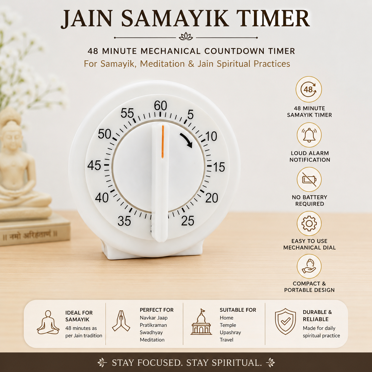 Jain Samayik Timer: a white 48-minute mechanical countdown timer on a wooden surface, with a small Buddha statue on the left and a vertical list of features (timer, alarm, no battery, easy dial) on the right.