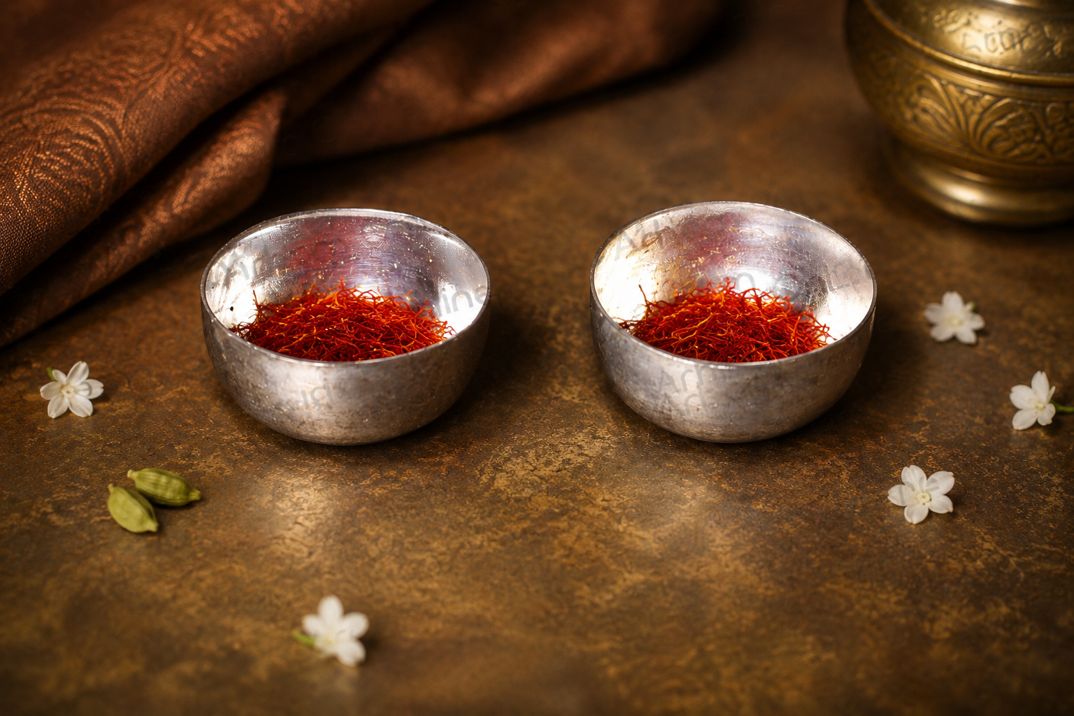 Two silver bowls filled with red saffron threads on a brown textured surface, with small white flowers nearby.