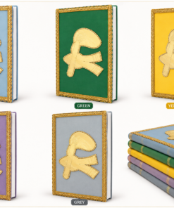 Six decorative hardcover books with ornate gold frames and a large gold emblem on blue, green, yellow, purple, and grey covers, plus a stacked pile on the right