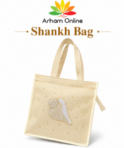 Beige tote bag with a shell embroidery, branded as Arham Online Shankh Bag, shown on a white background.