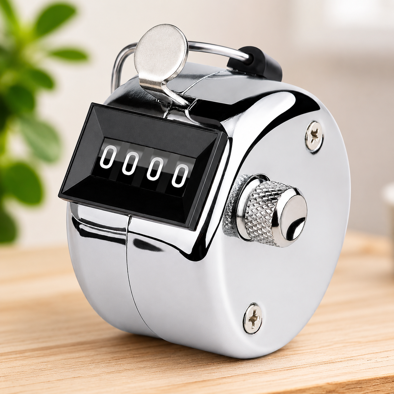 Silver handheld tally counter with four-digit display showing 0000 on a wooden surface.