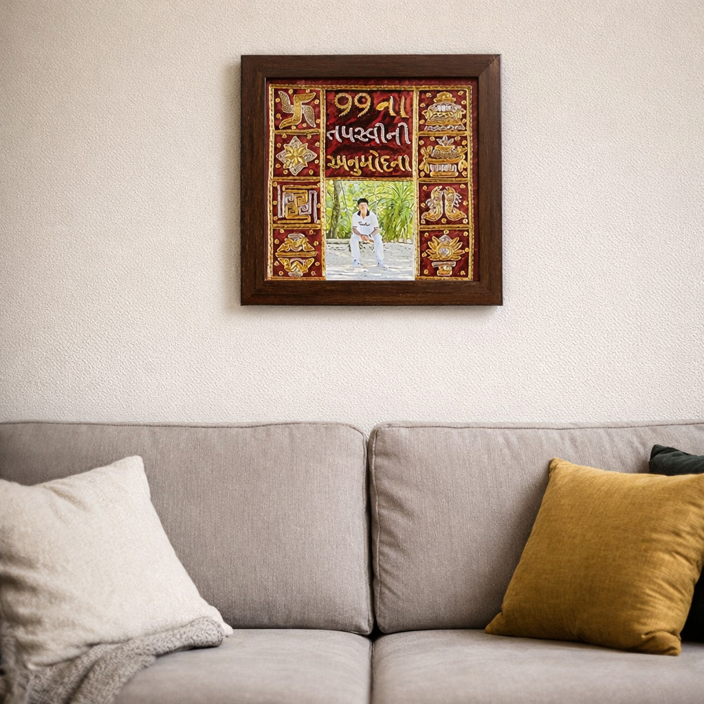 Framed colorful Indian artwork hung above a light gray sofa with white and mustard cushions in a living room.
