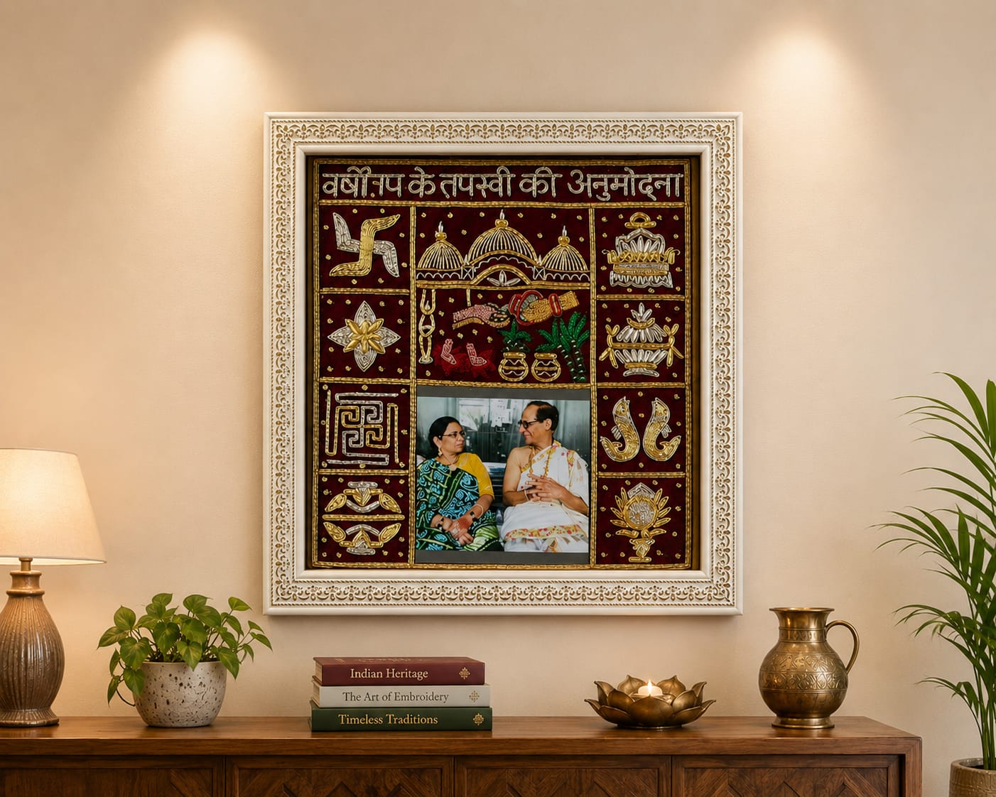 Framed Indian embroidery artwork with a central couple’s photo surrounded by gold-embellished panels on a beige wall