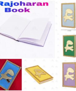 Open blank notebook in the center surrounded by colorful, framed-cover notebooks in blue, green, yellow, and purple.