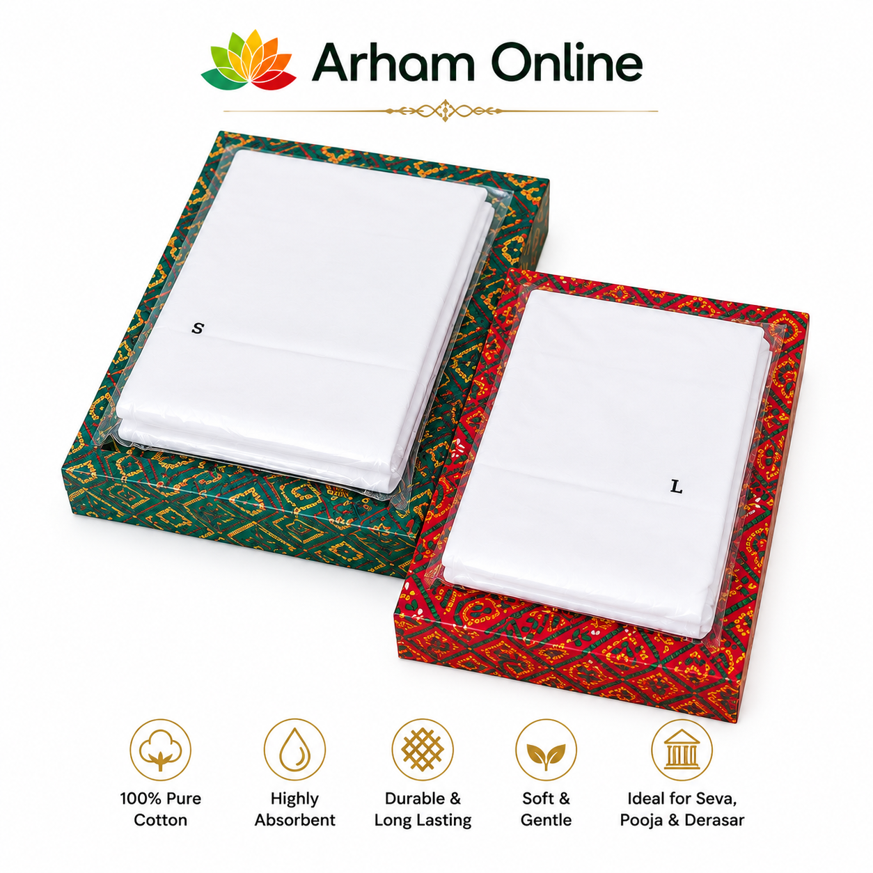 Angluchna-real image Arham Online logo above two patterned gift boxes with white folded fabrics labeled S and L inside.
