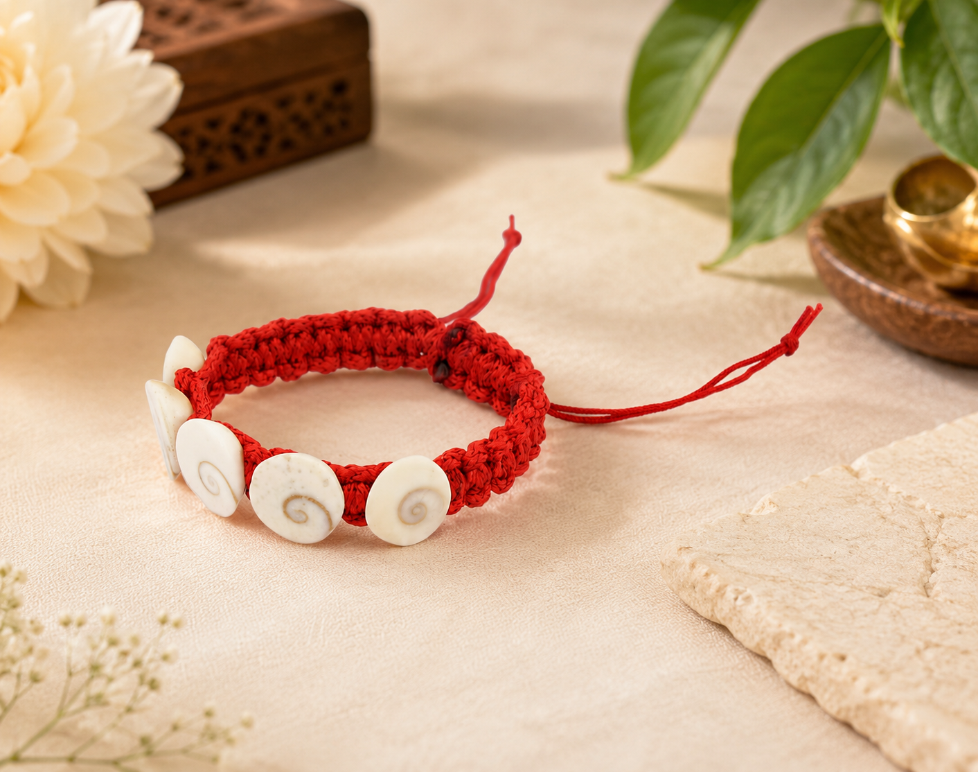 gomti chakra Red knotted bracelet with white spiral-shell beads on a beige surface.