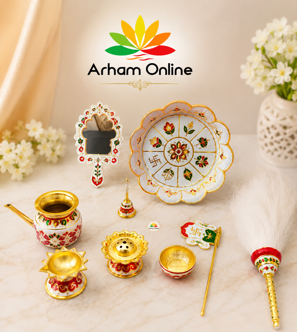 Ashtaprakari set 3 Colorful traditional Indian ceremonial items arranged on a light marble surface with an Arham Online logo above.