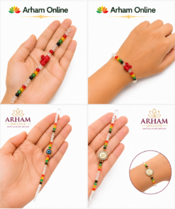 Colorful beaded bracelet with red, green, yellow, black, and clear crystal beads worn on the hand; features a red animal charm and crystal spacers (product photo collage).