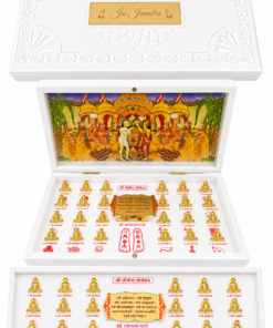 White ornate box opened to reveal a religious display: a colorful mural inside the lid and rows of small gold figurines in the drawers.