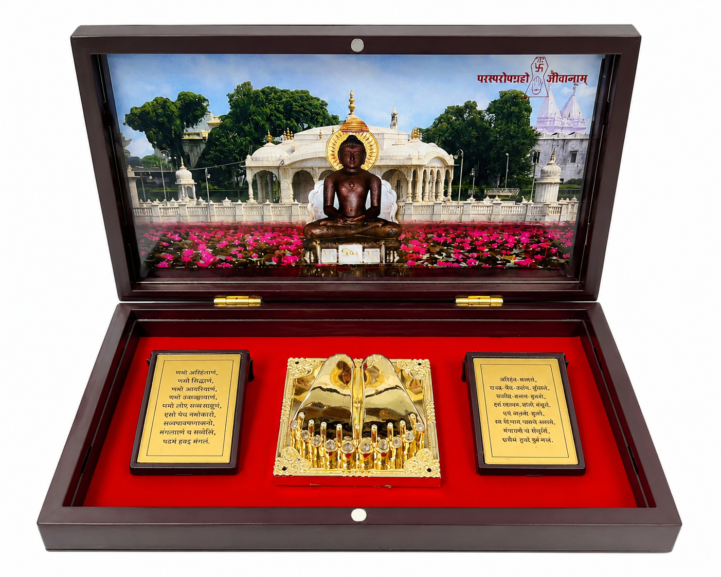 Open wooden display box with a central gold Buddha statue, two inscribed gold plaques, and a red lining; lid shows a temple scene. (informative)