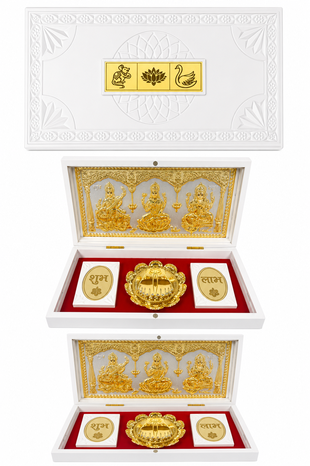 diwali pooja peti White decorative multi-tier box opened to reveal gold Hindu deities panel and coin thalis on red lining with white cases labeled शुभ and लाभ (Shubh and Laabh).