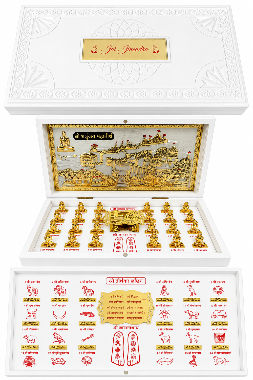 White ornate devotional keepsake box opened to reveal a gold temple diorama with many tiny statues and a bottom tray featuring red-script symbols and diagrams.