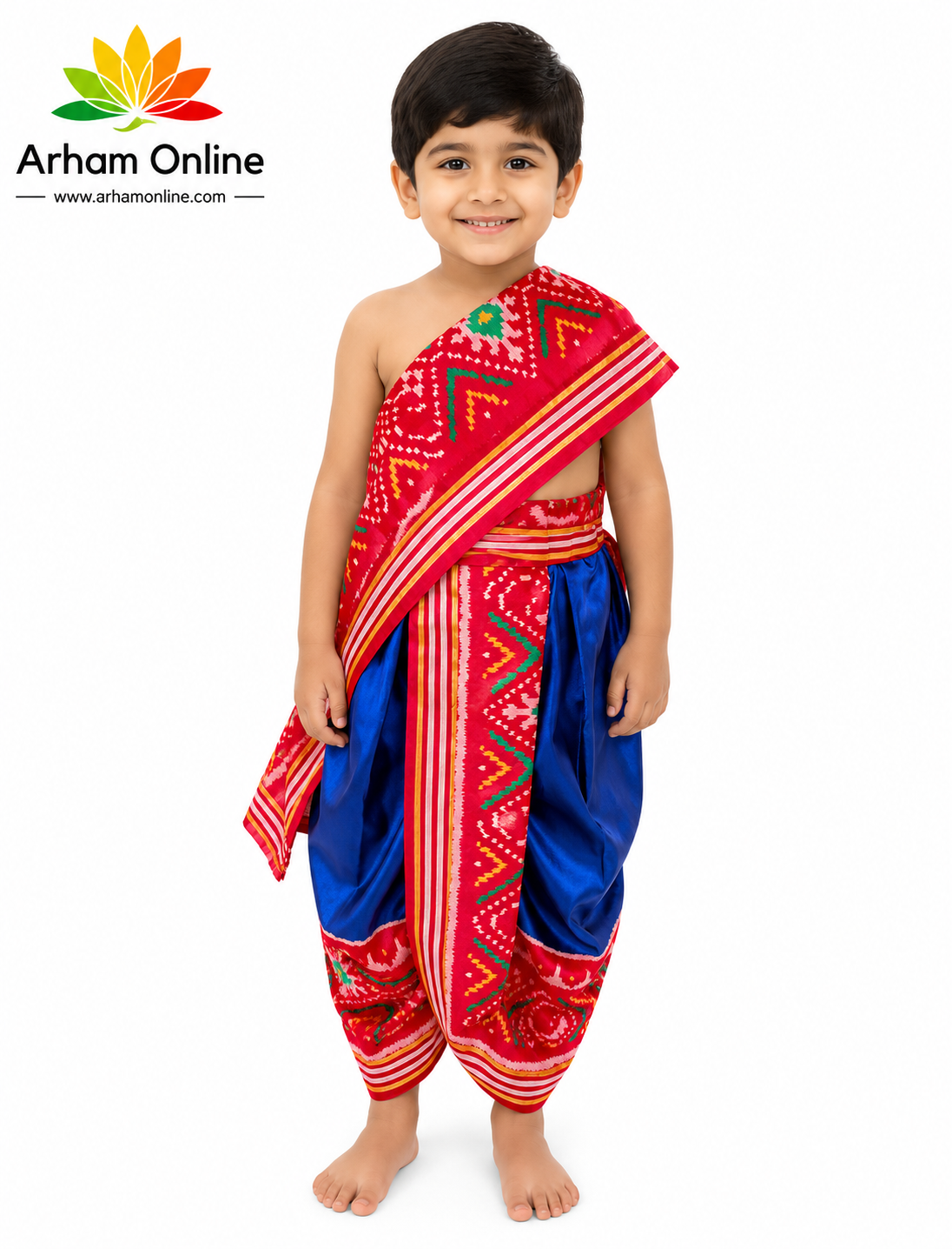 Smiling young boy in a red and blue traditional Indian outfit standing barefoot; Arham Online logo in the top left.