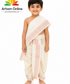 Smiling young boy in cream and pink striped traditional Indian dhoti and sash; Arham Online logo in top‑left.